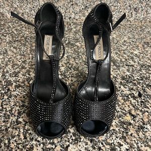 Steve Madden Black Rhinestone T Strap Heels.